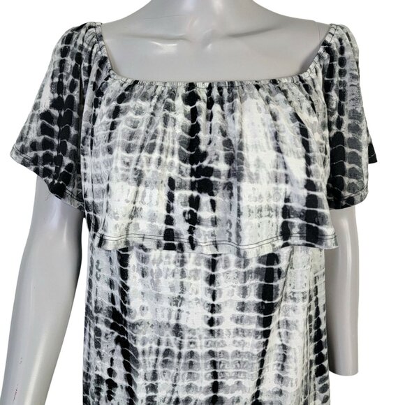 Tiered Knee Length Dress Women XL 14 Black White Scoop Neck Short Sleeve 16 Fall - Picture 4 of 12